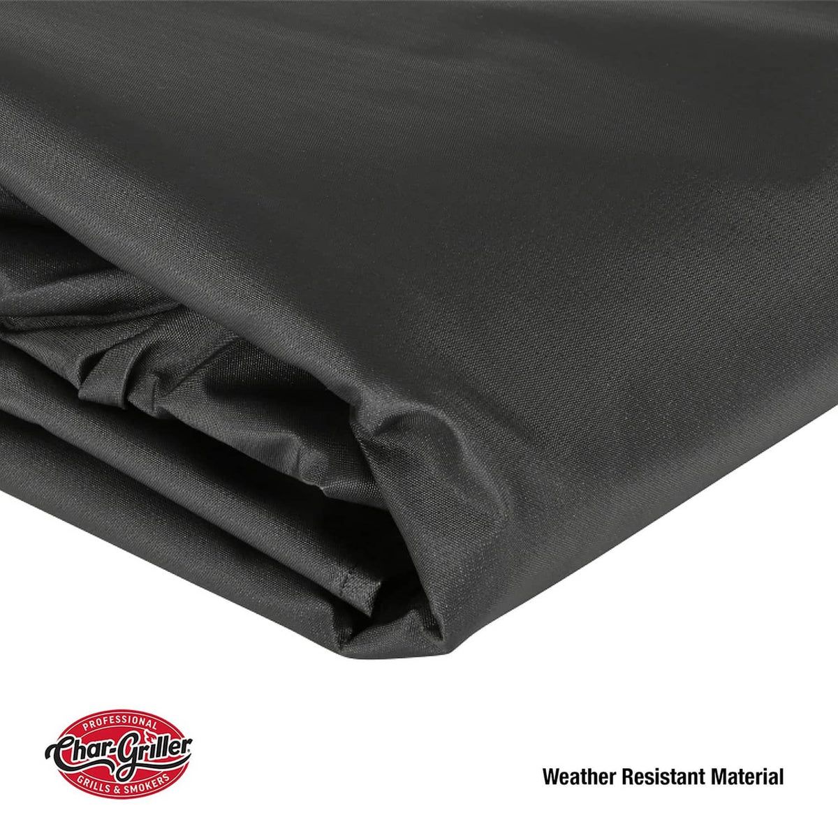 Black weather-resistant grill cover fabric with visible woven texture.