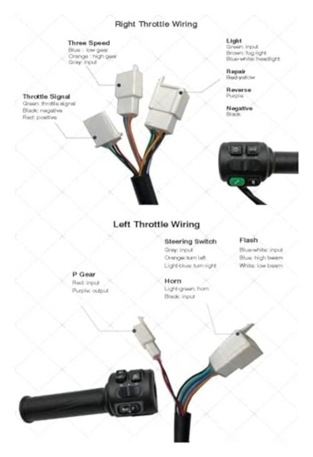 Wiring diagram showing three-speed throttle connections for left and right switches