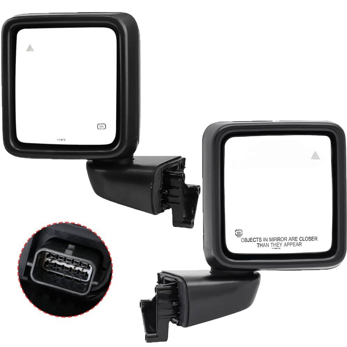 Pair of black rearview mirrors with blind spot indicators and wiring connector close-up