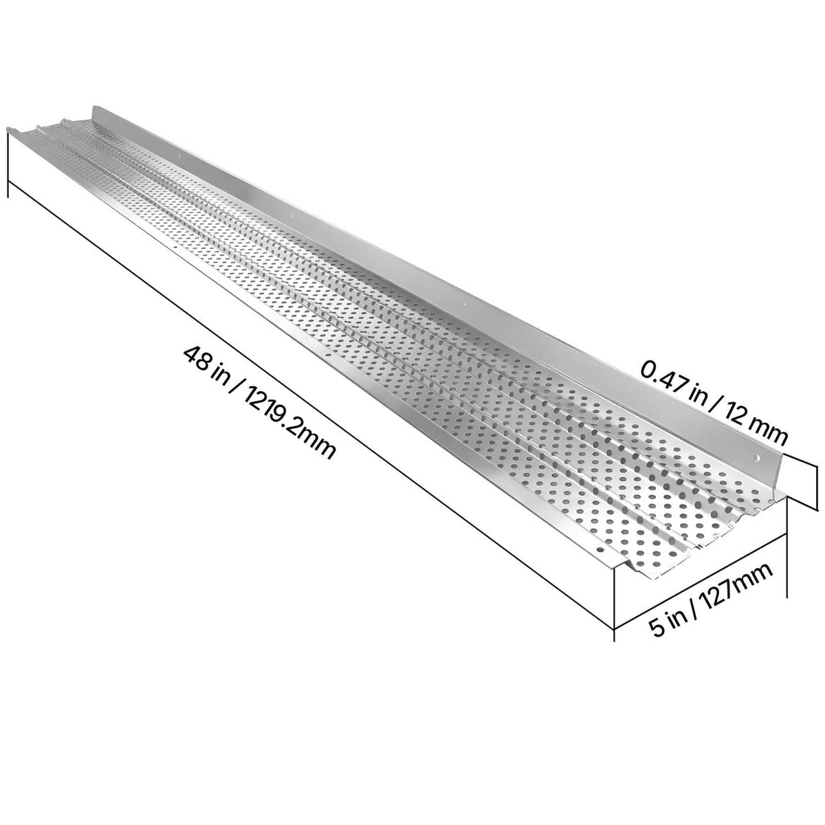 Aluminum gutter leaf guard with perforated holes, side view showing 5-inch width