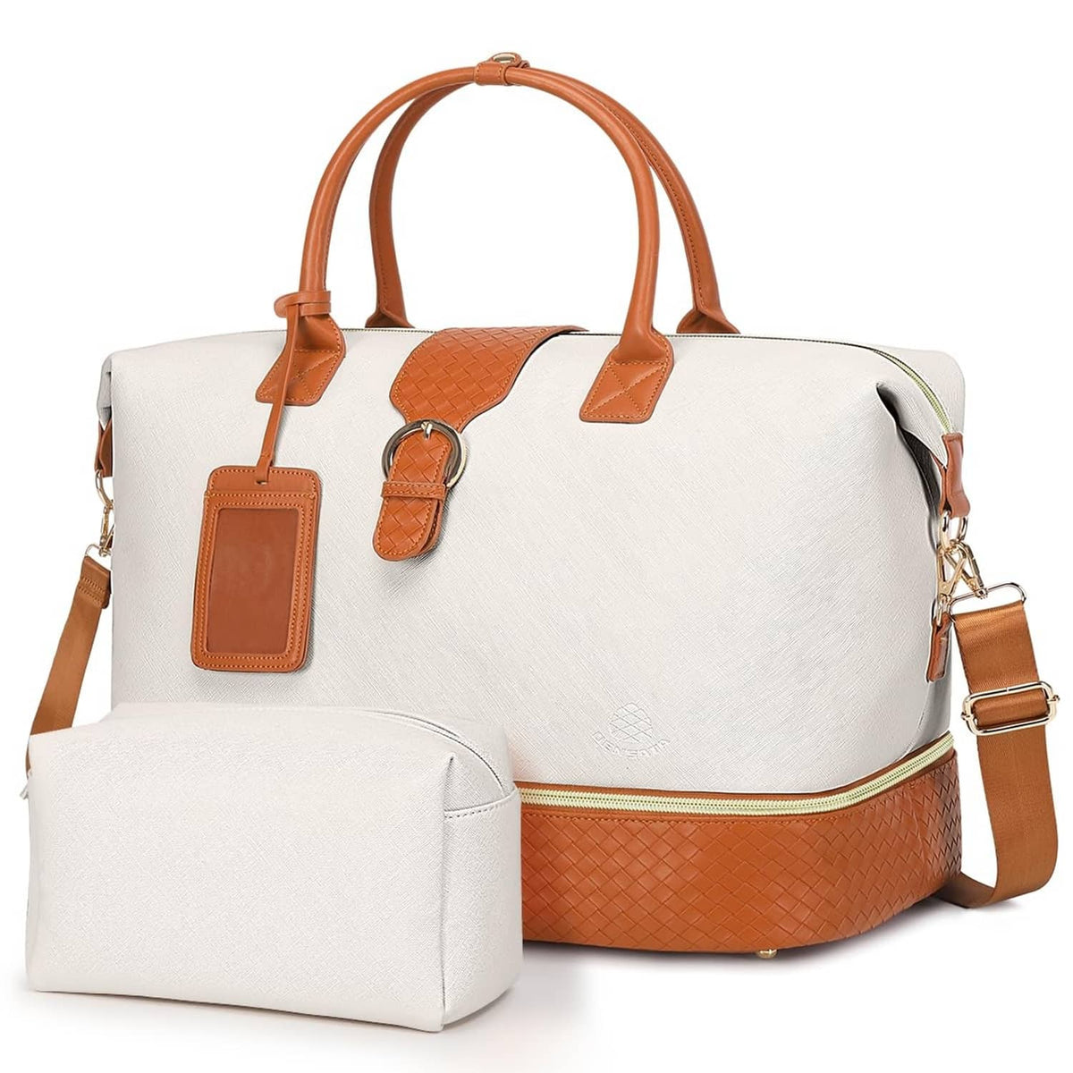 Beige and brown vegan leather weekender bag with top handles, side strap, and zipper.