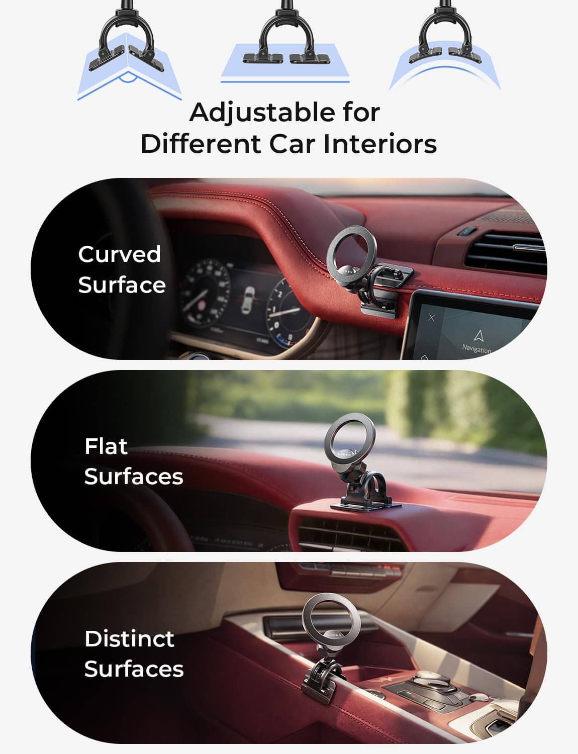 Magnetic car phone mount with adjustable clips for curved, flat, and distinct surfaces