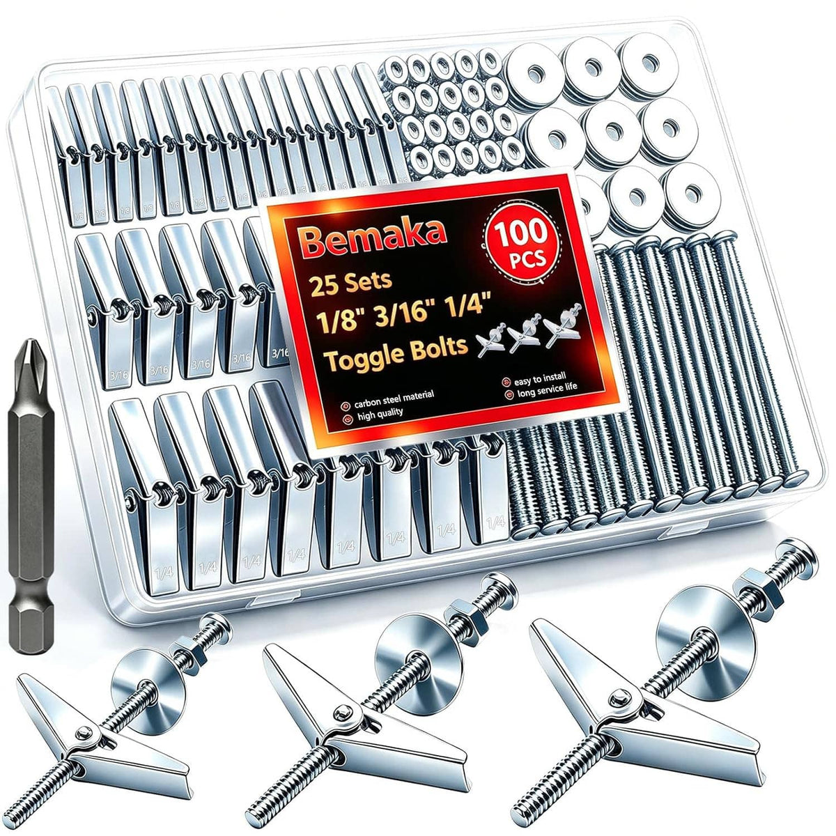 Toggle bolt drywall anchor kit with wing toggles, screws, washers, and nuts in a metal tray