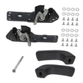 Black interior door handle repair kit with two lever handles, latch plates, screws