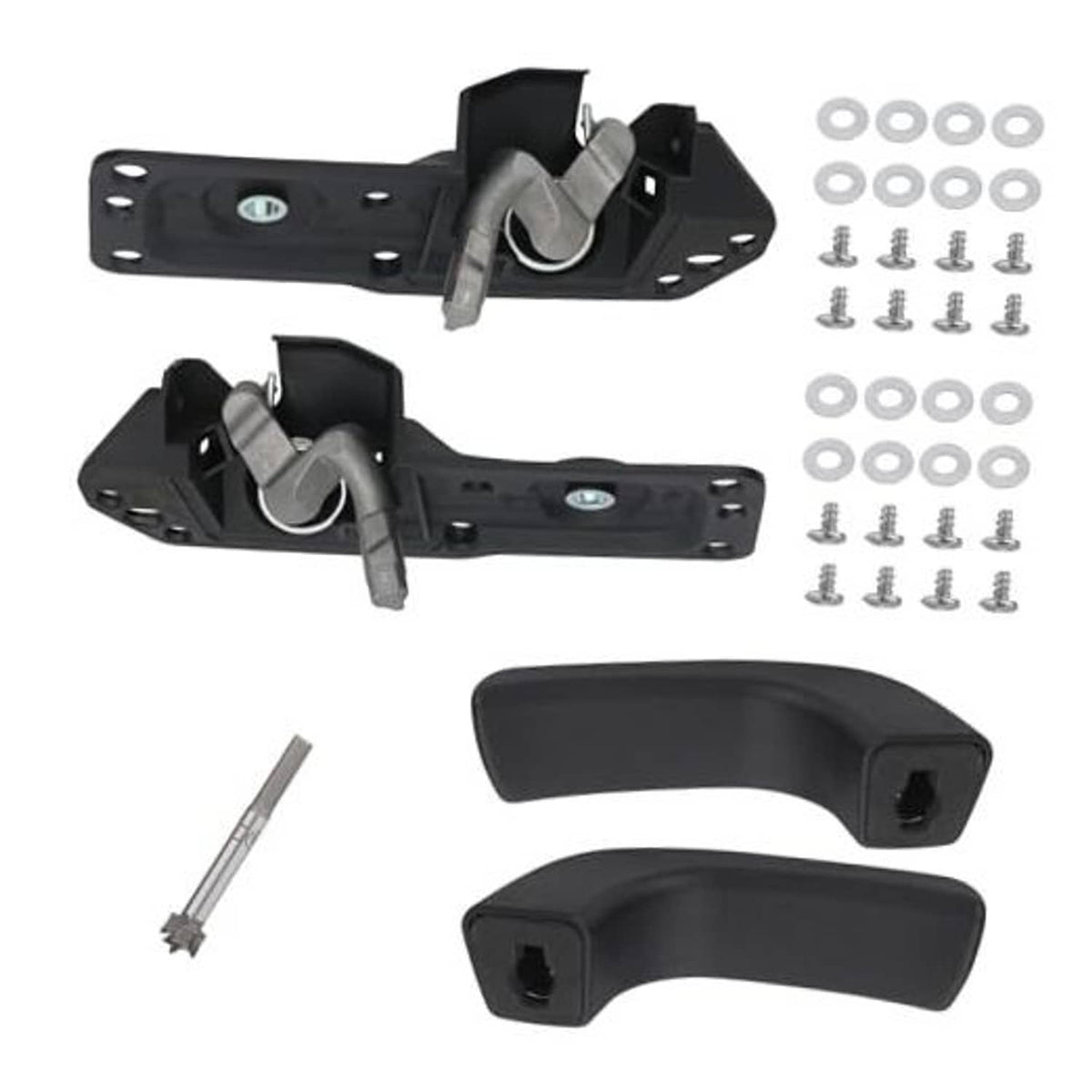Black interior door handle repair kit with two lever handles, latch plates, screws