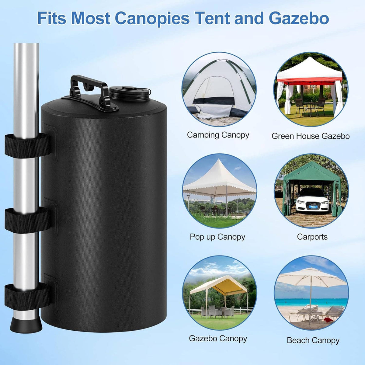 Black water weight bag with carry handle and side straps for canopy tent legs