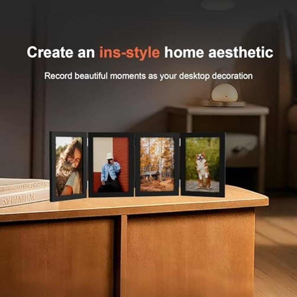 Black 4-photo folding picture frame displayed on tabletop with four 4x6 photos