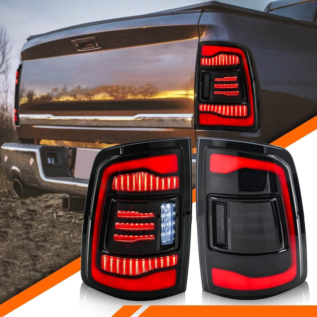 LED rear tail light pair with red LED bars and smoke lens, black housing