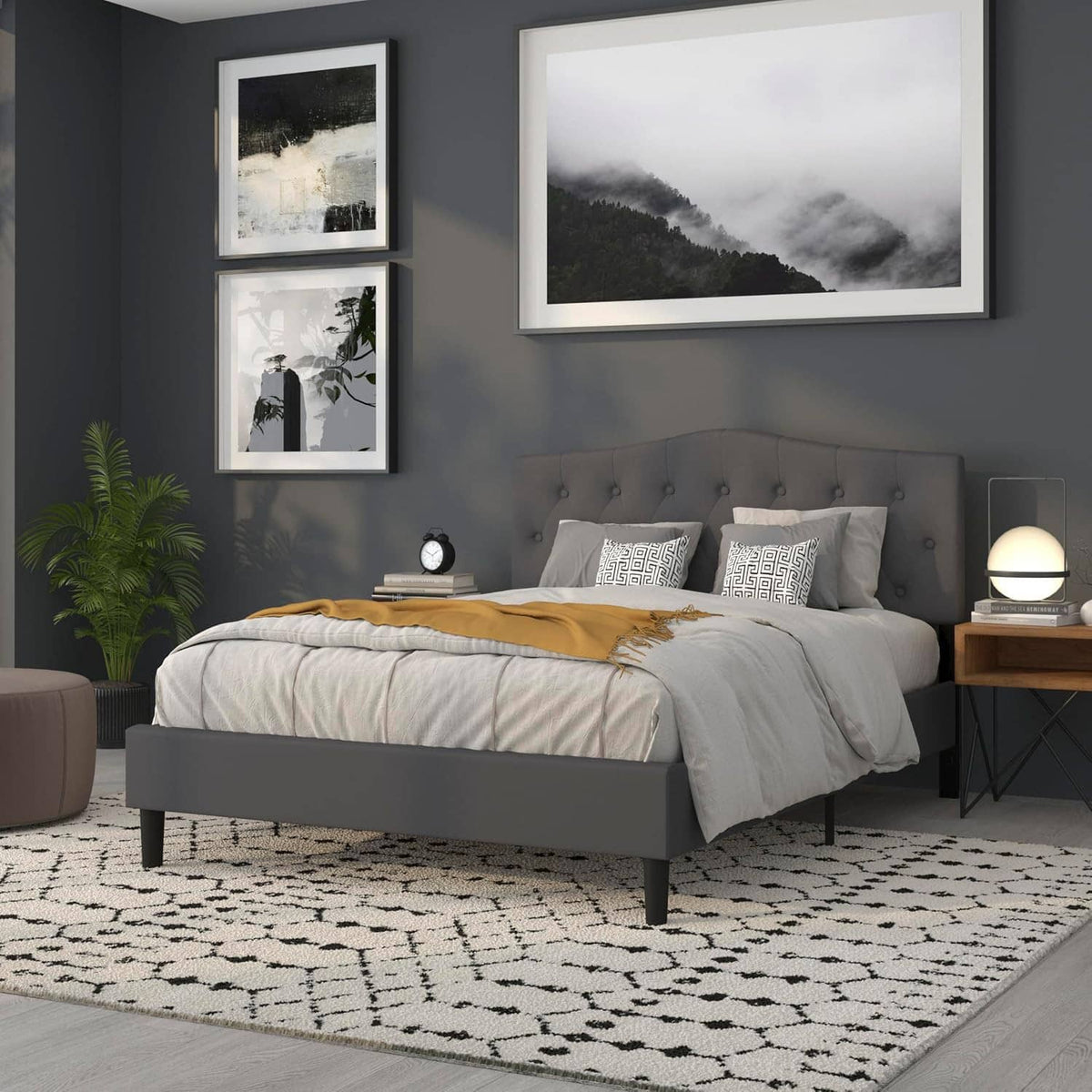 Dark gray queen tufted fabric headboard with button-tufted diamond stitching