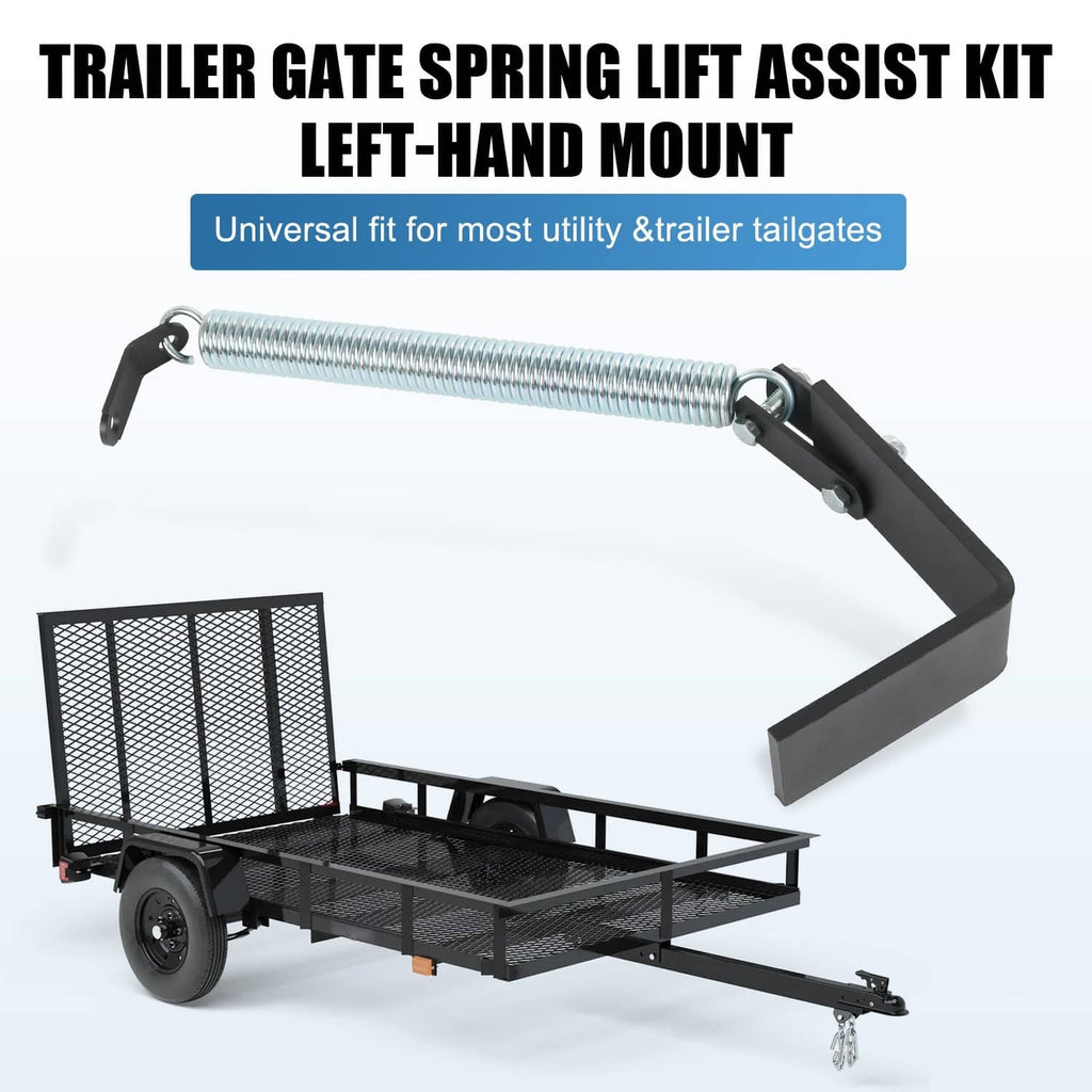 Left-hand utility trailer tailgate spring lift assist kit with black lever bracket and spring