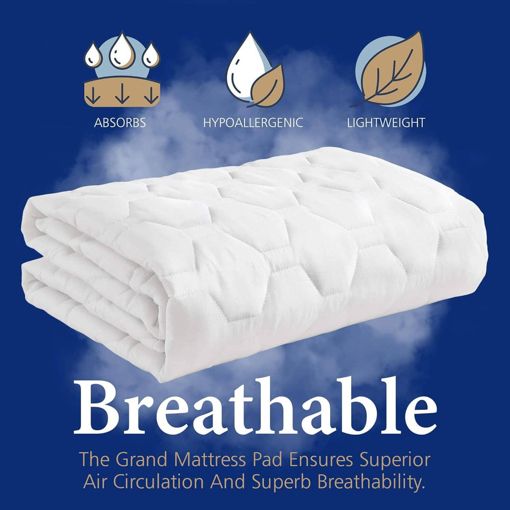 Folded white quilted queen mattress pad, lightweight breathable topper