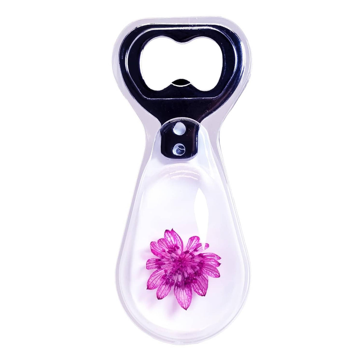 Resin bottle opener with black cap, clear body, purple flower detail