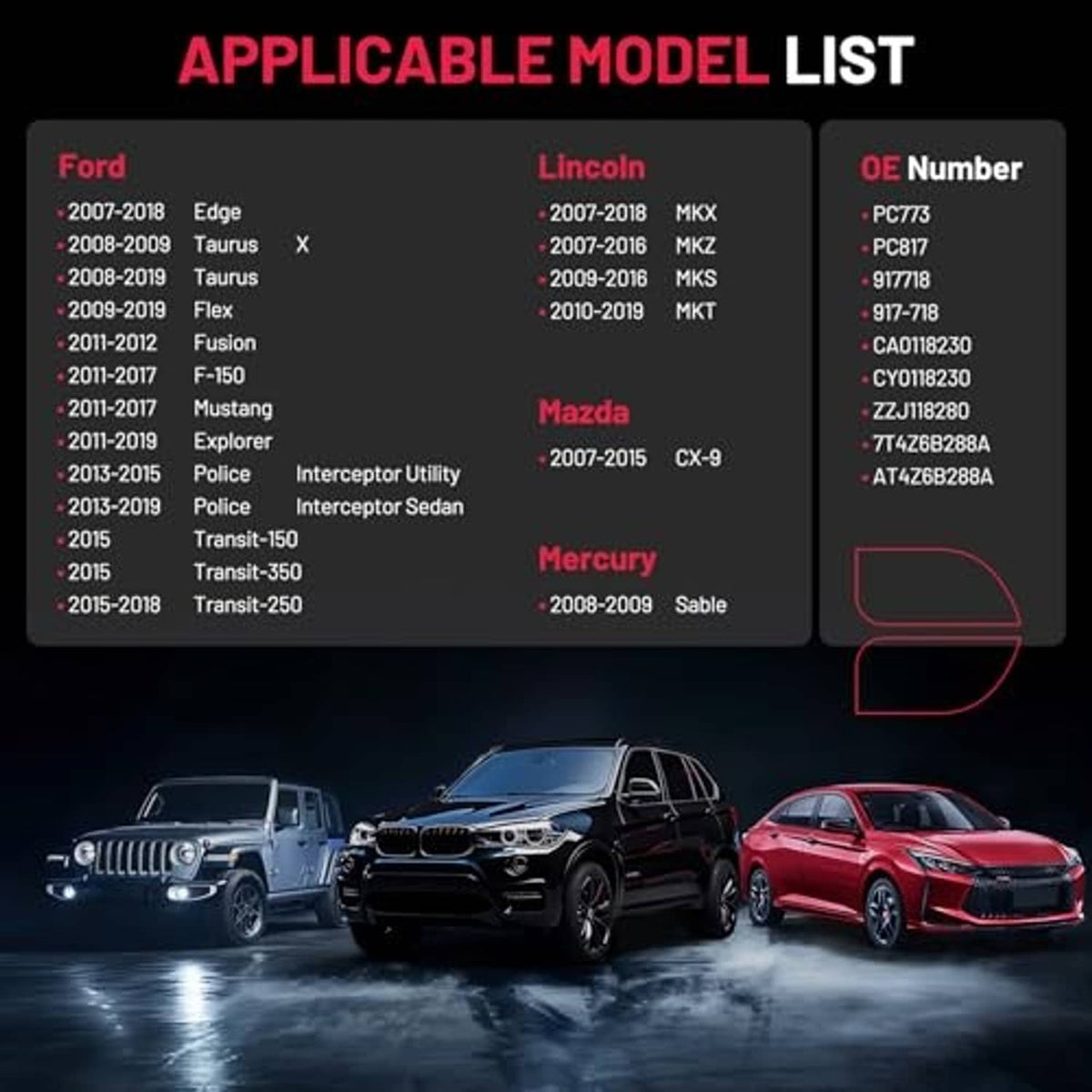 Three-car lineup graphic shown for camshaft position sensor compatibility