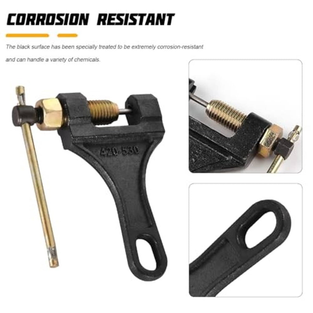 Motorcycle chain breaker tool with corrosion-resistant black frame, brass pin, and threaded adjuster