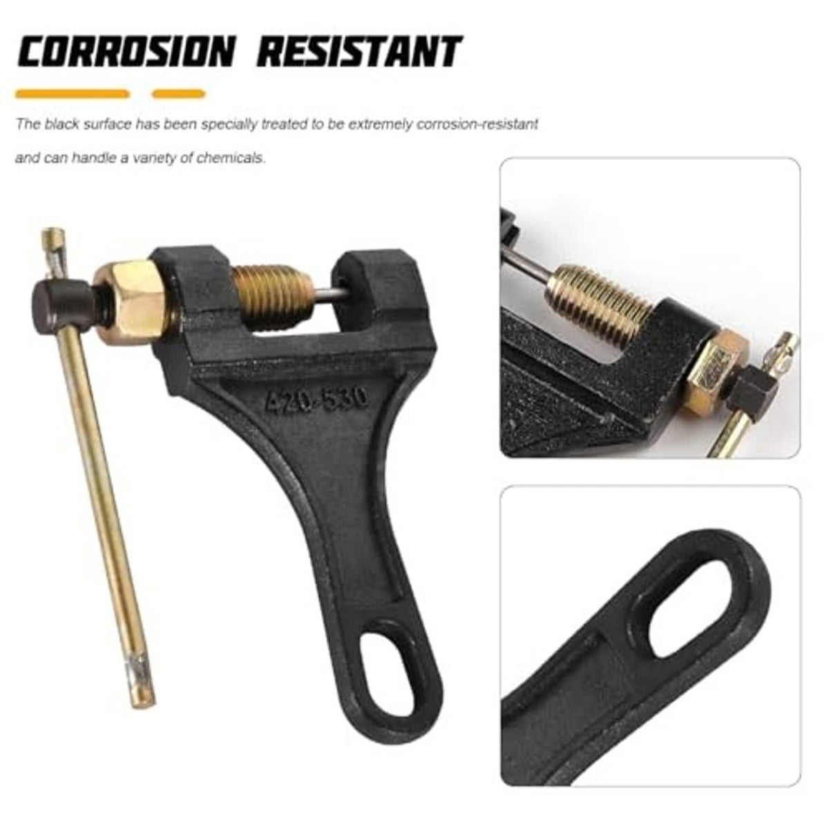 Motorcycle chain breaker tool with corrosion-resistant black frame, brass pin, and threaded adjuster