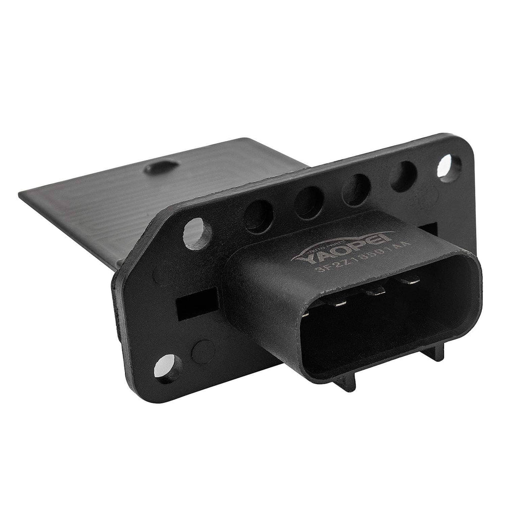 HVAC fan blower motor resistor with multi-pin black connector and mounting plate