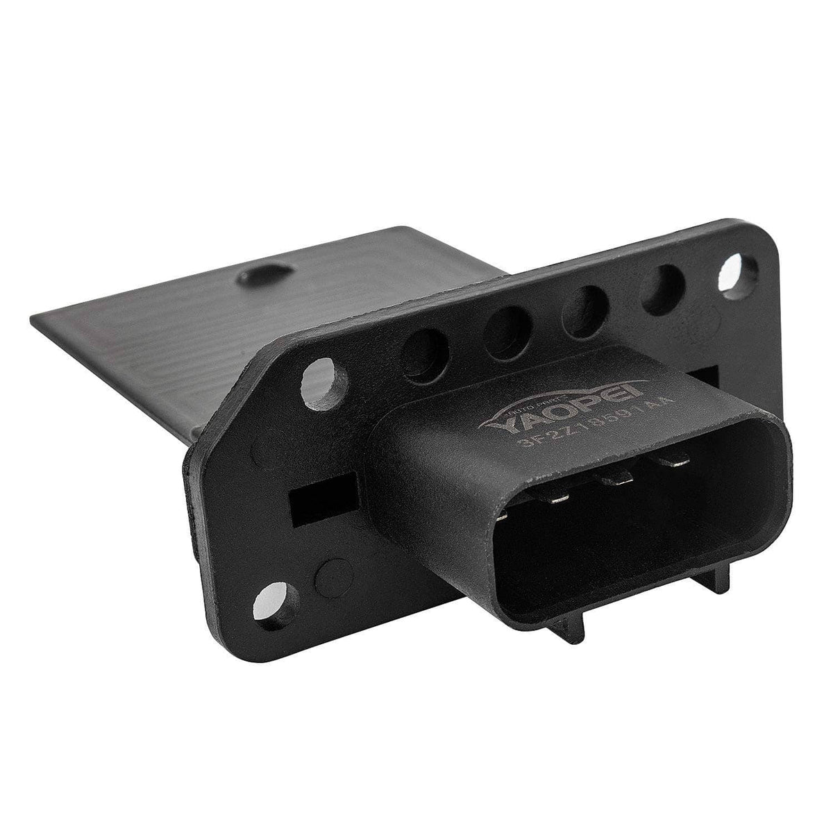 HVAC fan blower motor resistor with multi-pin black connector and mounting plate