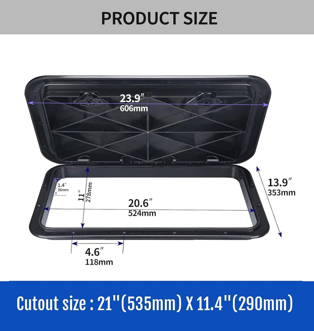Marine deck hatch cover with open lid and black frame, size diagram shown