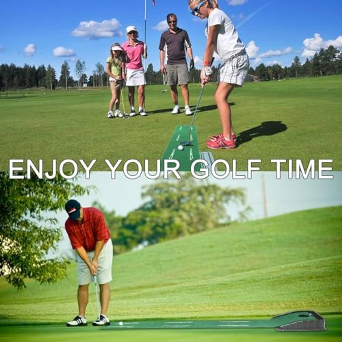 Golf putting mat on grass near a golfer’s stance, with green turf showing the track