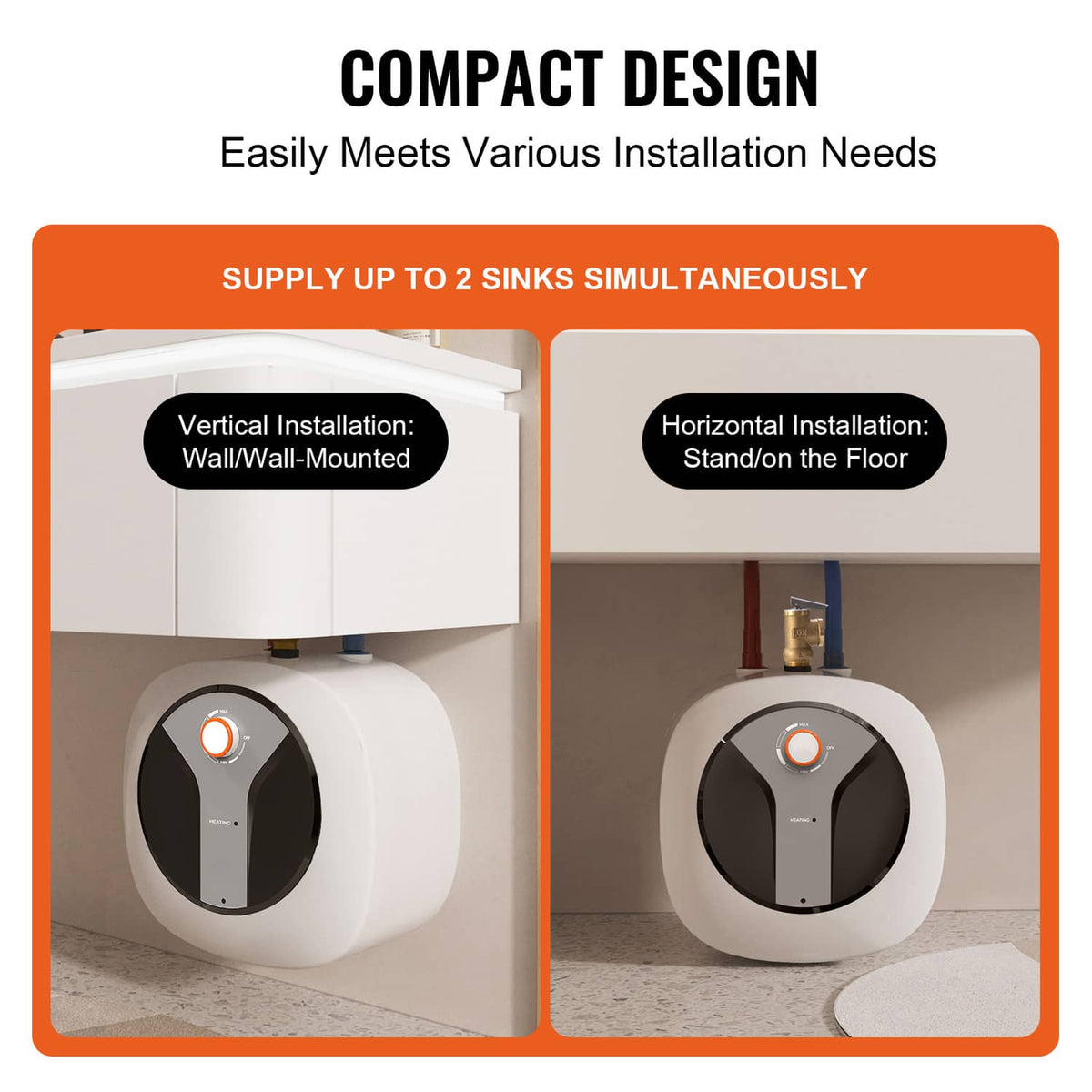 Compact mini tank water heater installed in a cabinet opening with top brass valve