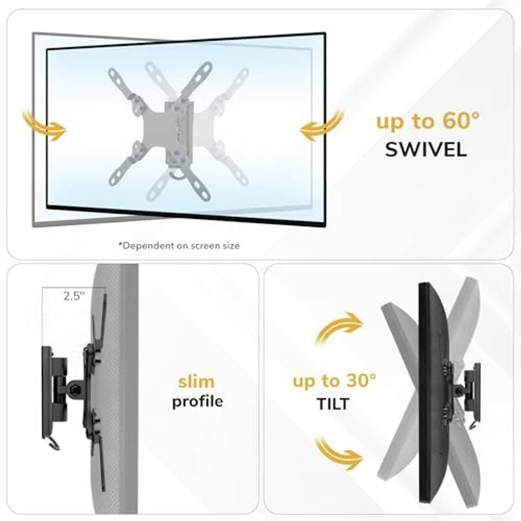 Black TV wall mount with swivel and tilt joints, slim wall profile brackets
