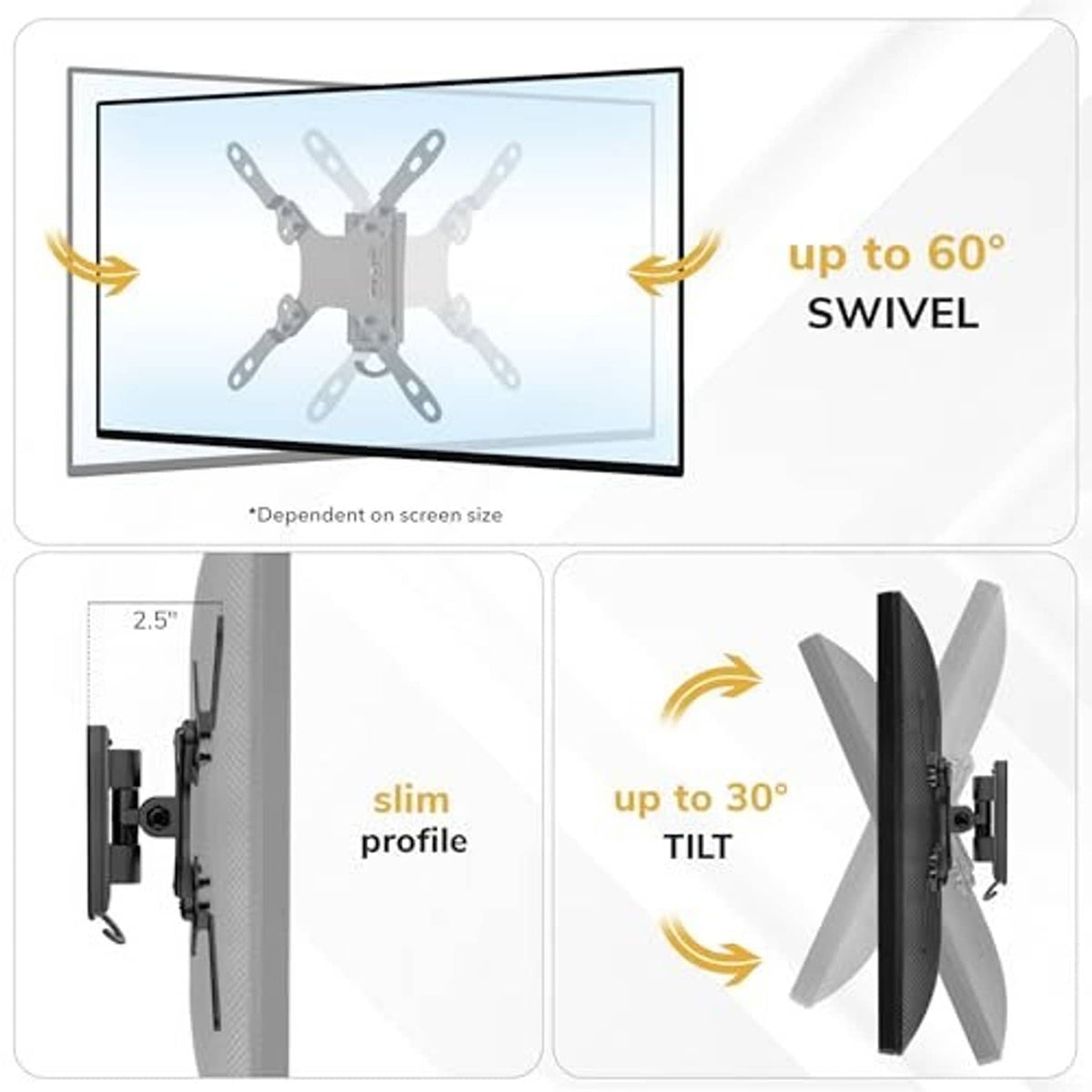 Black TV wall mount with swivel and tilt joints, slim wall profile brackets