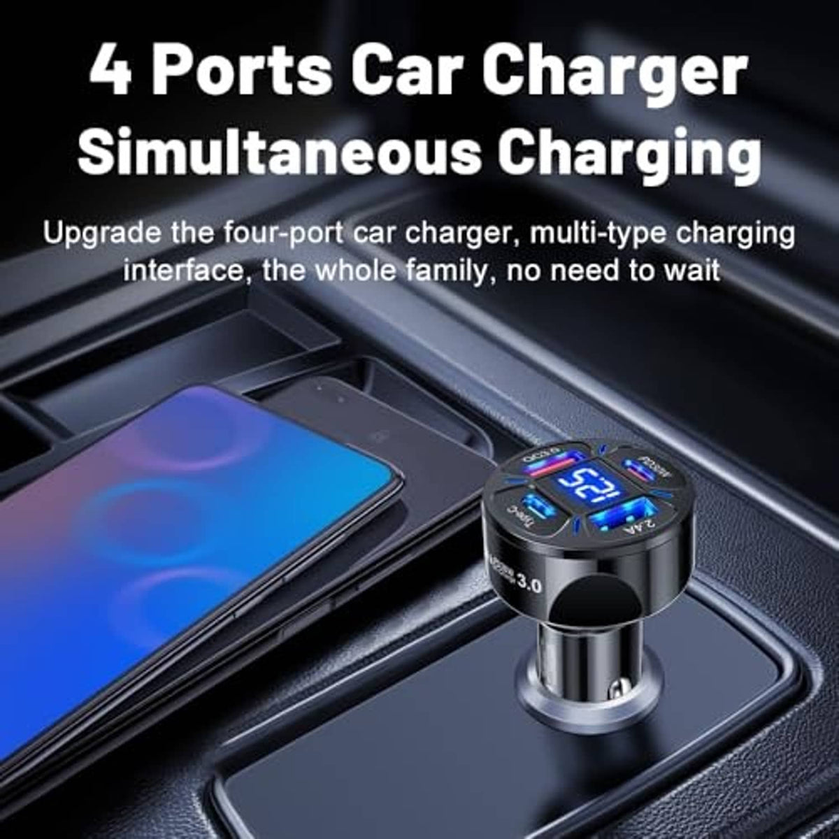 Black multi-port car USB-C charger with digital voltmeter LED and four charging ports