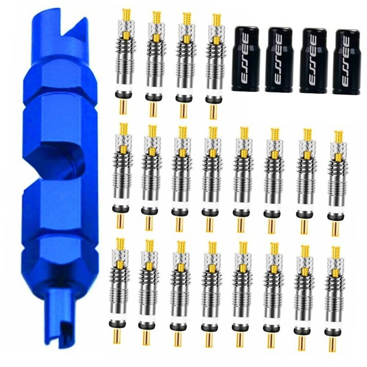 Presta valve core set with blue valve tool and multiple chrome valve cores