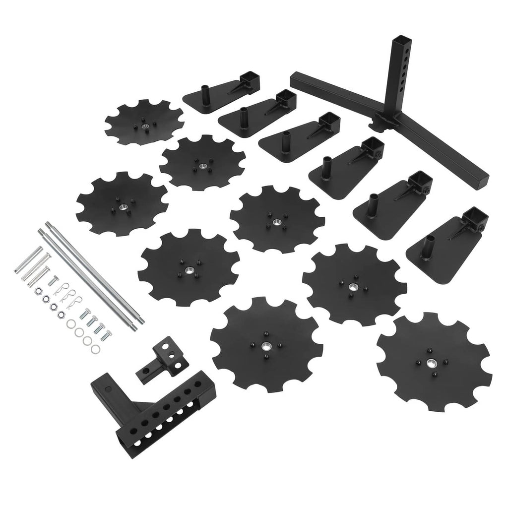Disc harrow kit components with notched steel discs and hitch frame brackets