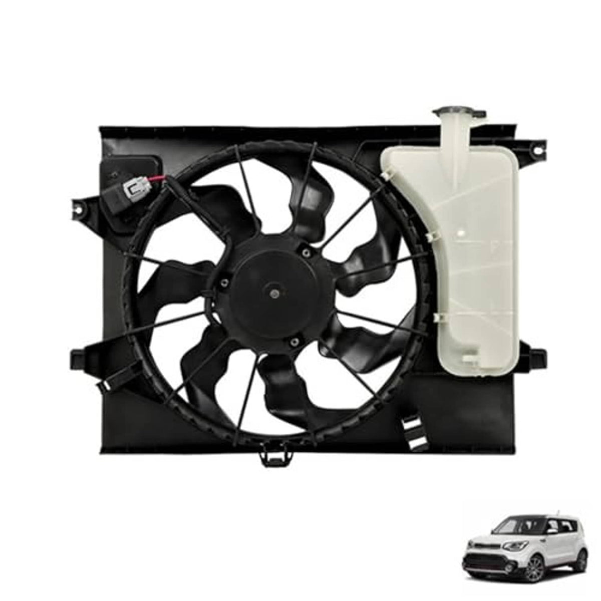 Radiator cooling fan assembly, black fan with white shroud and side bracket mount