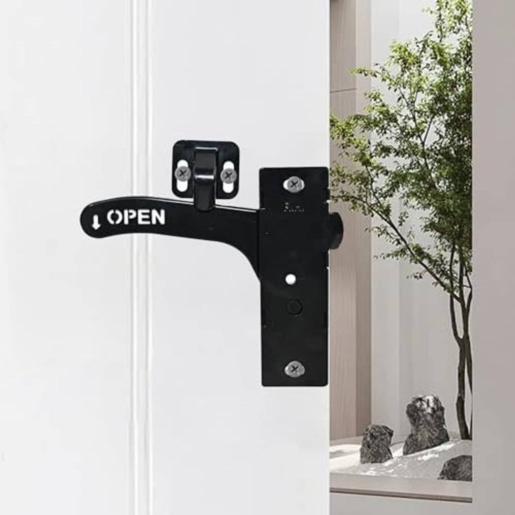 Black RV screen door lock handle and side bracket mounted on door