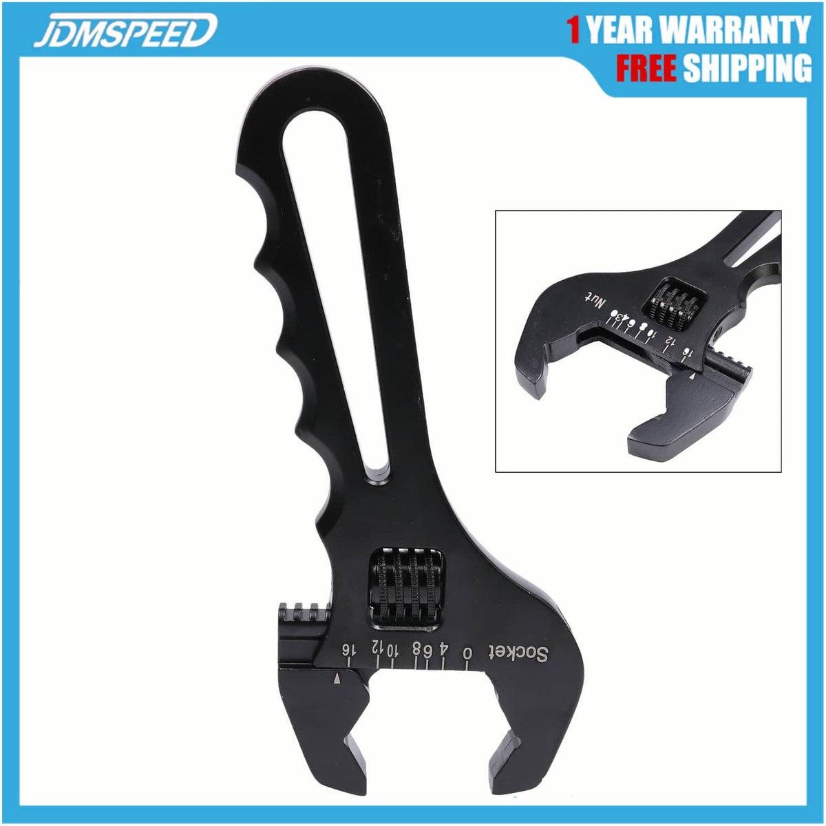 Black adjustable wrench spanner with notched jaws and engraved sizing scale