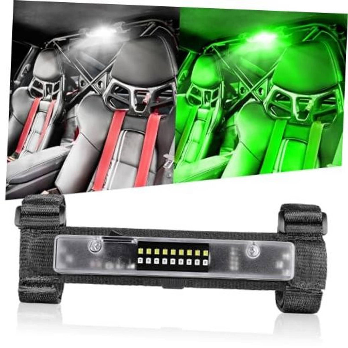 Universal UTV LED light bar with green lit LEDs and black mounting straps
