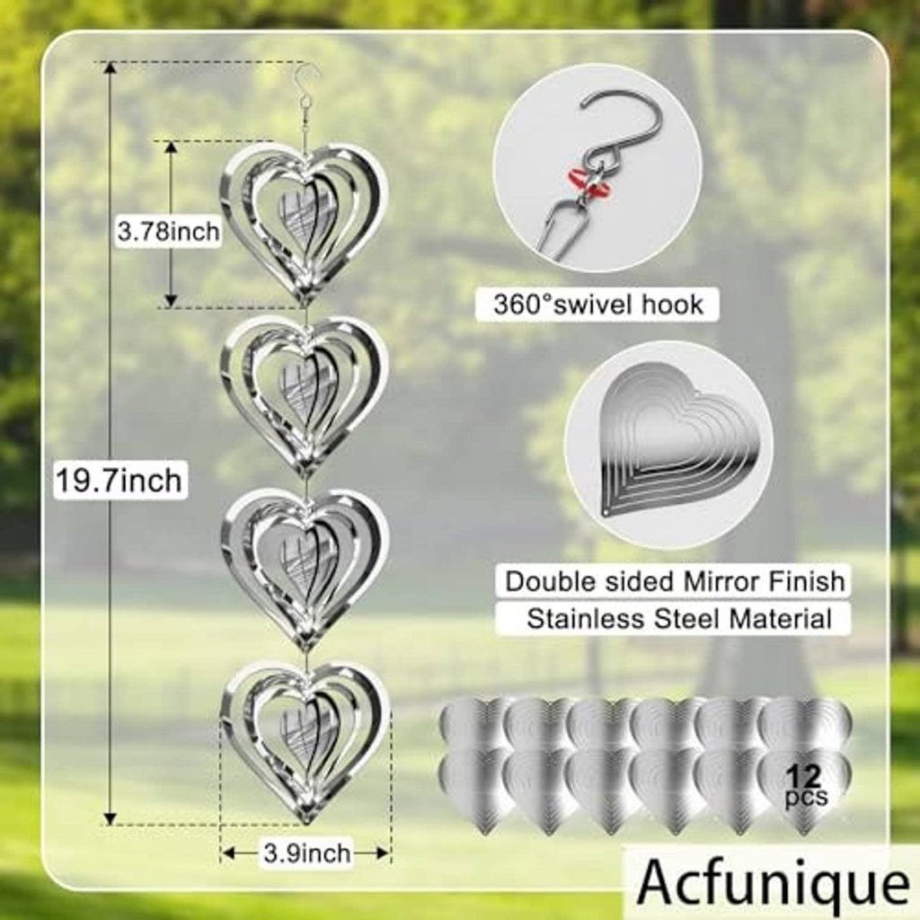 Heart-shaped stainless wind spinner set with 360 swivel hook and double-sided mirror finish.