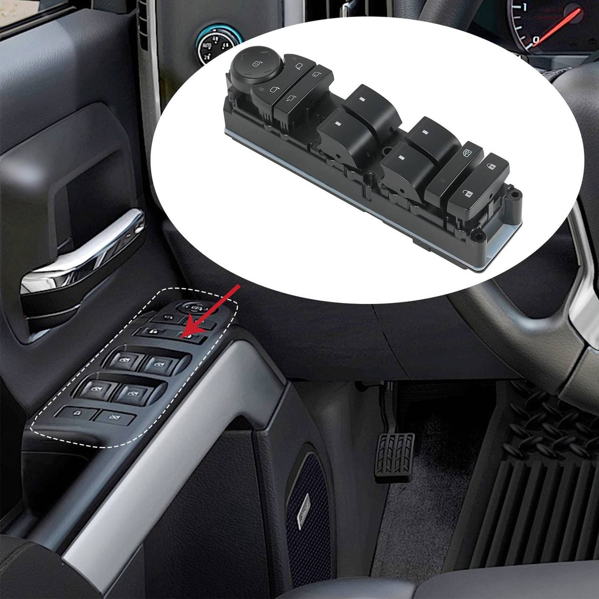 Left driver door window switch module with power window rocker switches in door trim