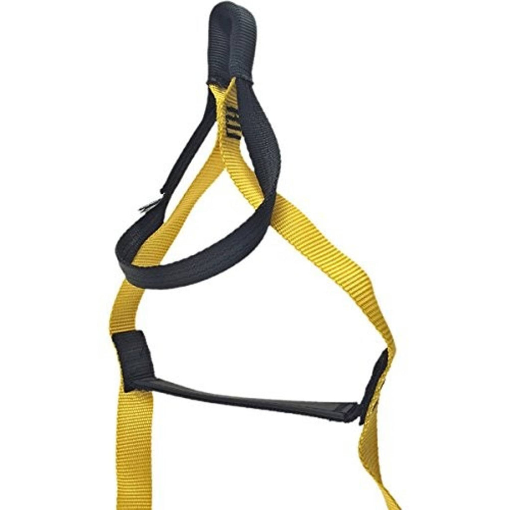 Yellow and black ladder aider strap close-up of attachment loops and webbing