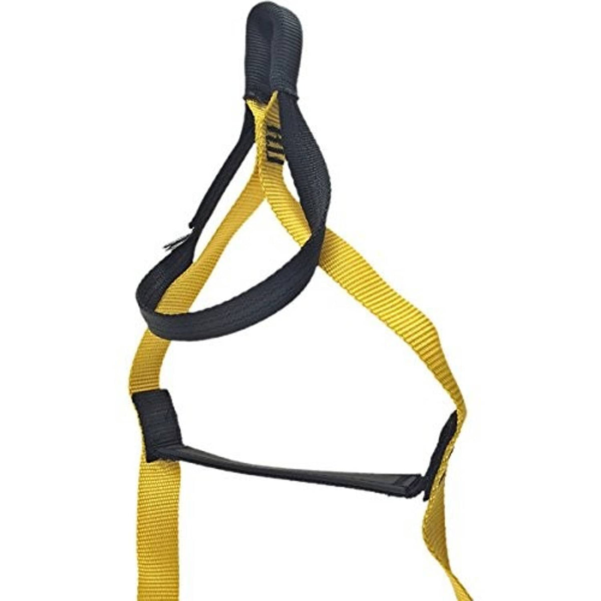 Yellow and black ladder aider strap close-up of attachment loops and webbing