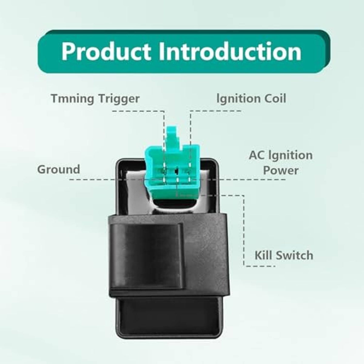 AC CDI ignition control box diagram view, black unit with teal connector
