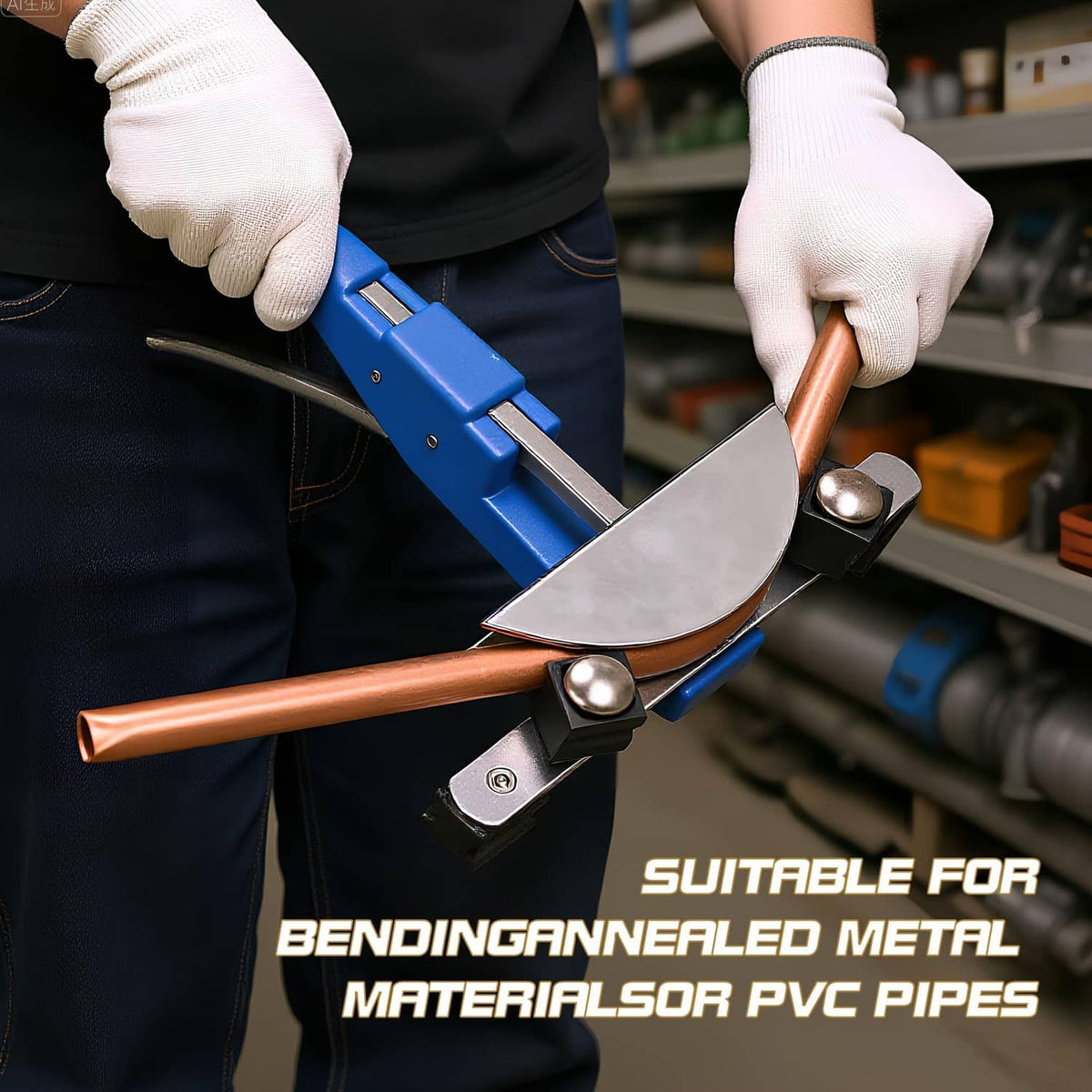 Pipe bender in use clamping a copper tube for controlled bending at the shop