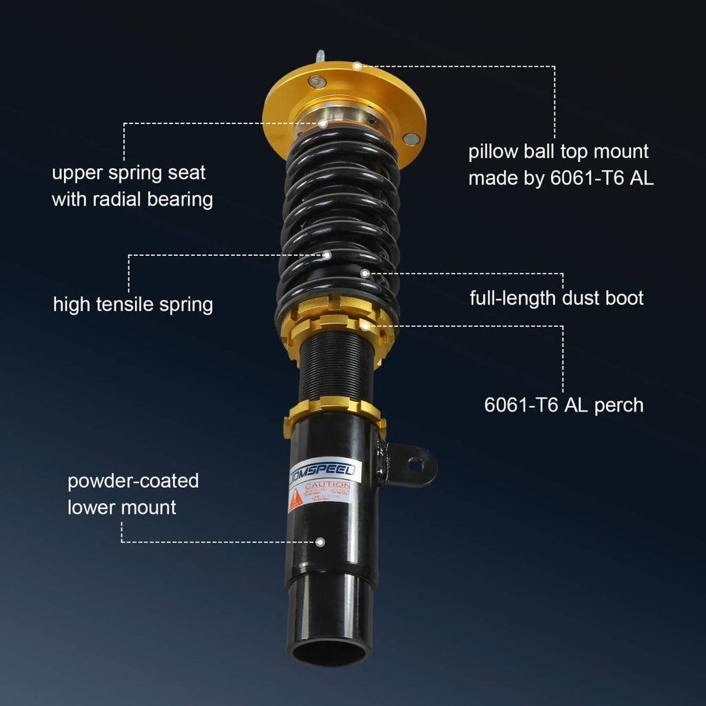 Coilover shock assembly with gold perch, full-length dust boot, and black spring