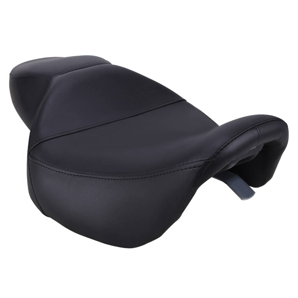 Black two-up motorcycle seat with rounded driver backrest and padded passenger section.