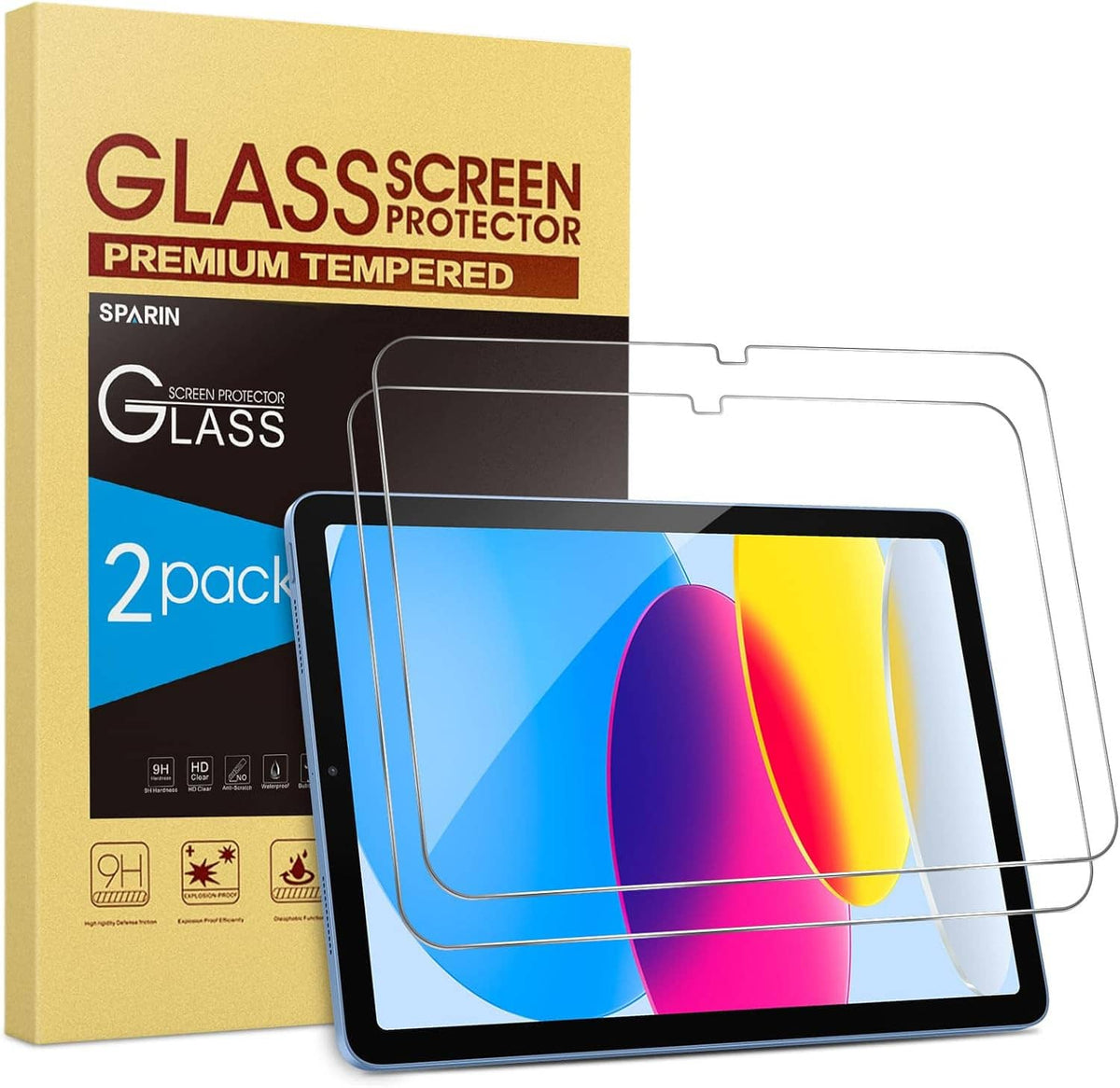 Tempered glass screen protector 2-pack with box and clear sheets over iPad display