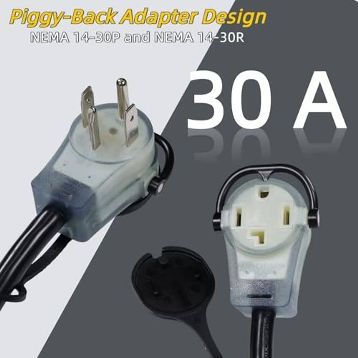 Piggy-back dryer adapter with two prong plug ends and compact 30A splitter design