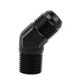 45-degree 10AN to 1/2 NPT male adapter fitting, black, threaded ends