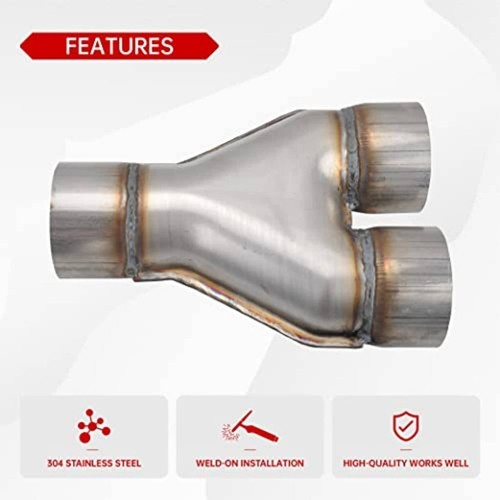 Stainless steel Y-pipe exhaust connector with two outlets and weld-on ends