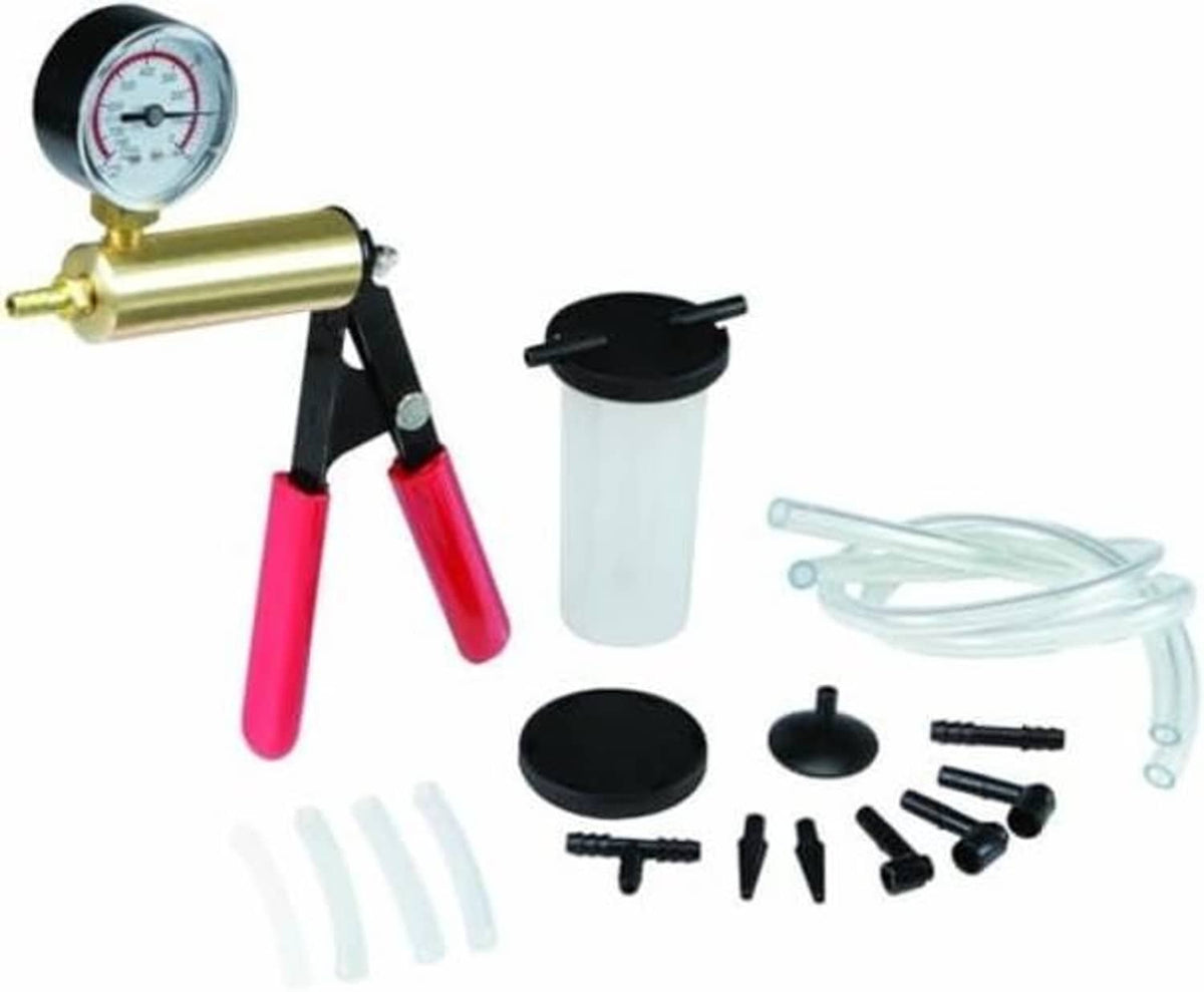 Handheld vacuum pump test set with brake bleeder kit, laid out with gauge, reservoir, and hoses