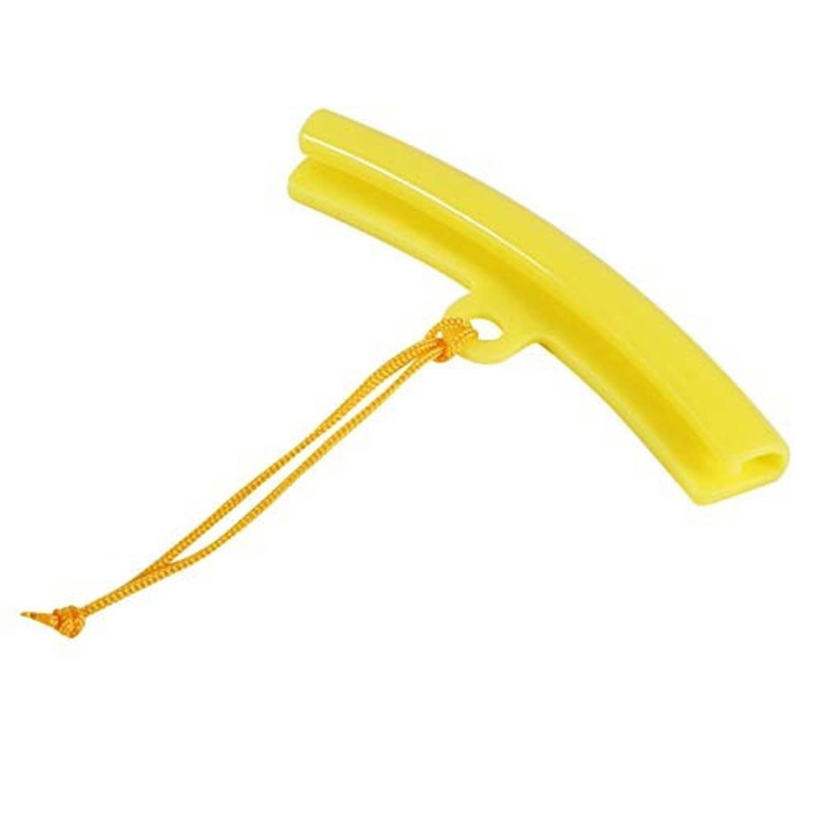 Yellow curved wheel rim protector with strap cord and small metal ring, tire change tool