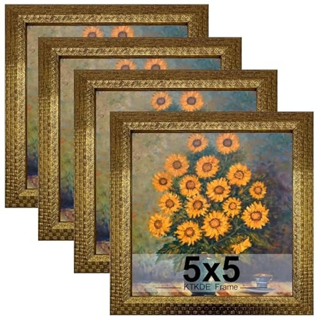 Set of four ornate gold 5x5 picture frames with textured vintage edging
