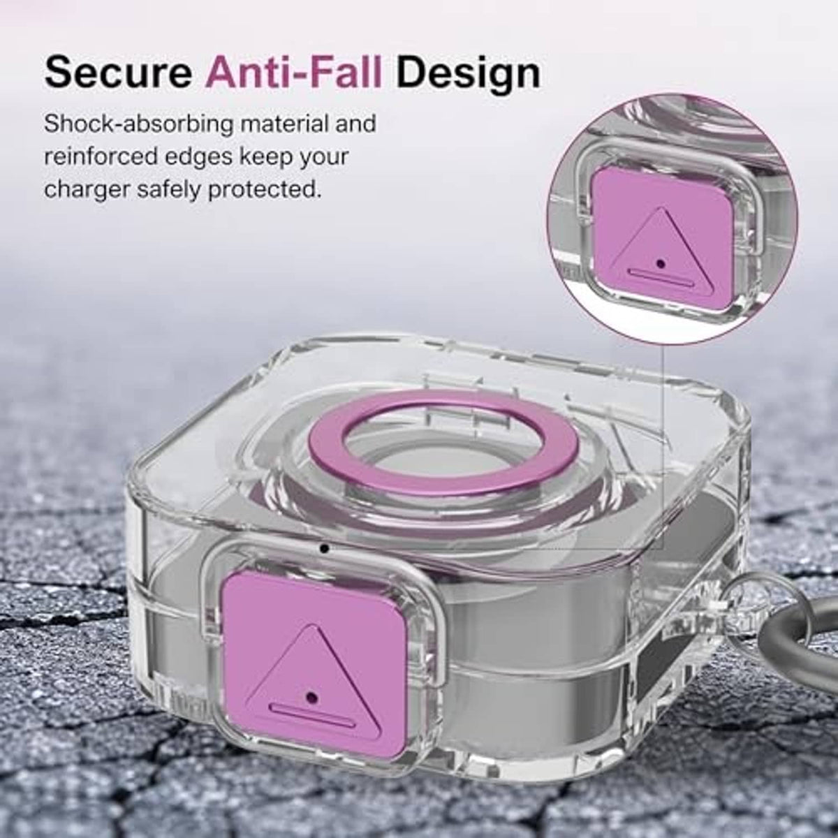 Clear TPU charger protector case with purple insert and reinforced edges, carabiner clip