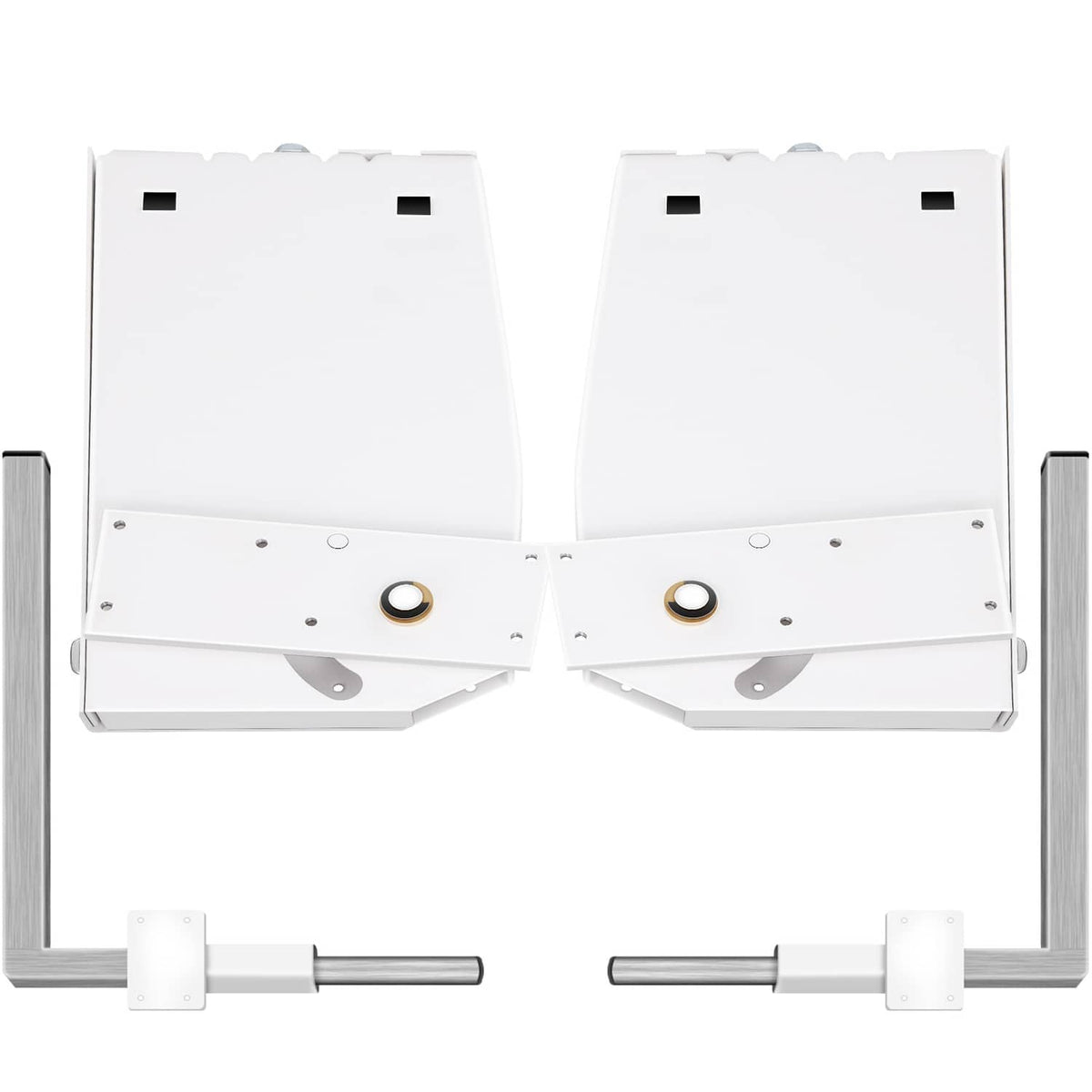 Paired white Murphy bed spring brackets with gold bushing and horizontal support rods